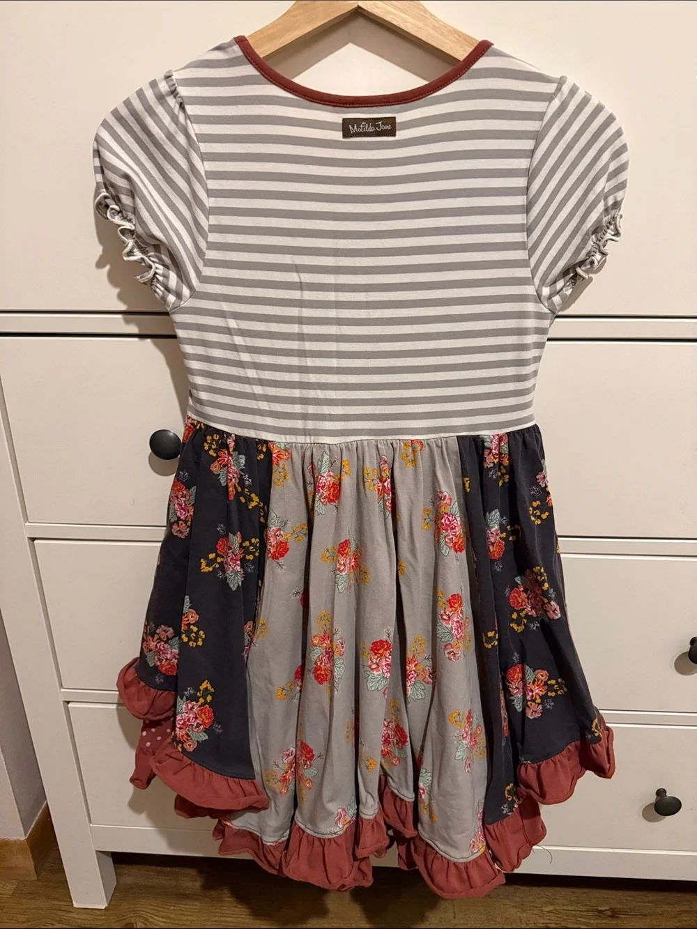 Matilda Jane Striped Bodice Floral Patchwork Dress in Gray, Navy and Rust